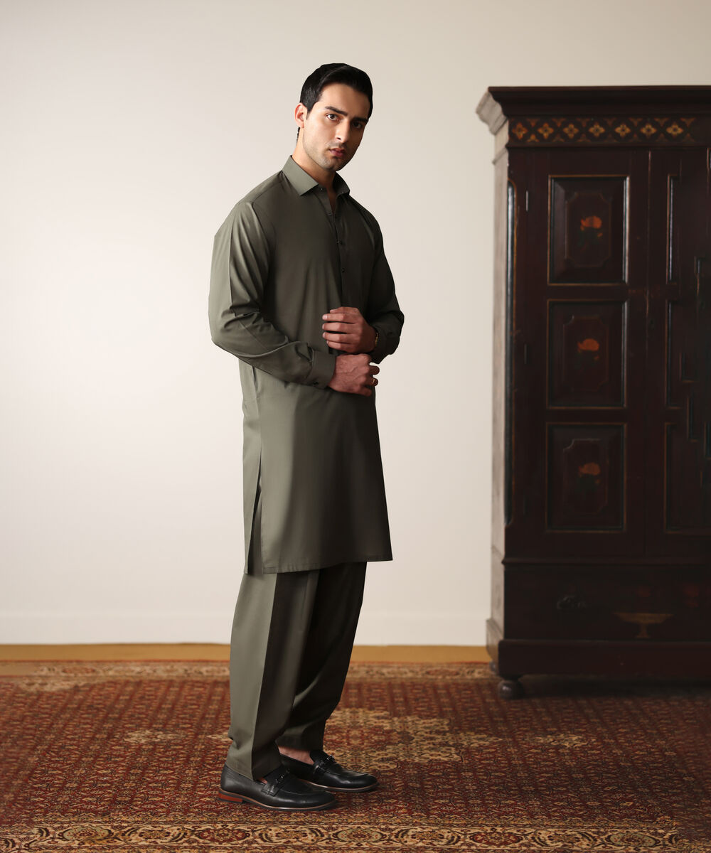 Men's Unstitched Two-Piece Olive Green Premium Slub Cotton Suit