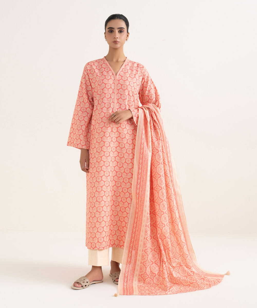 Women's Unstitched Lawn Printed Pink Two Piece Suit