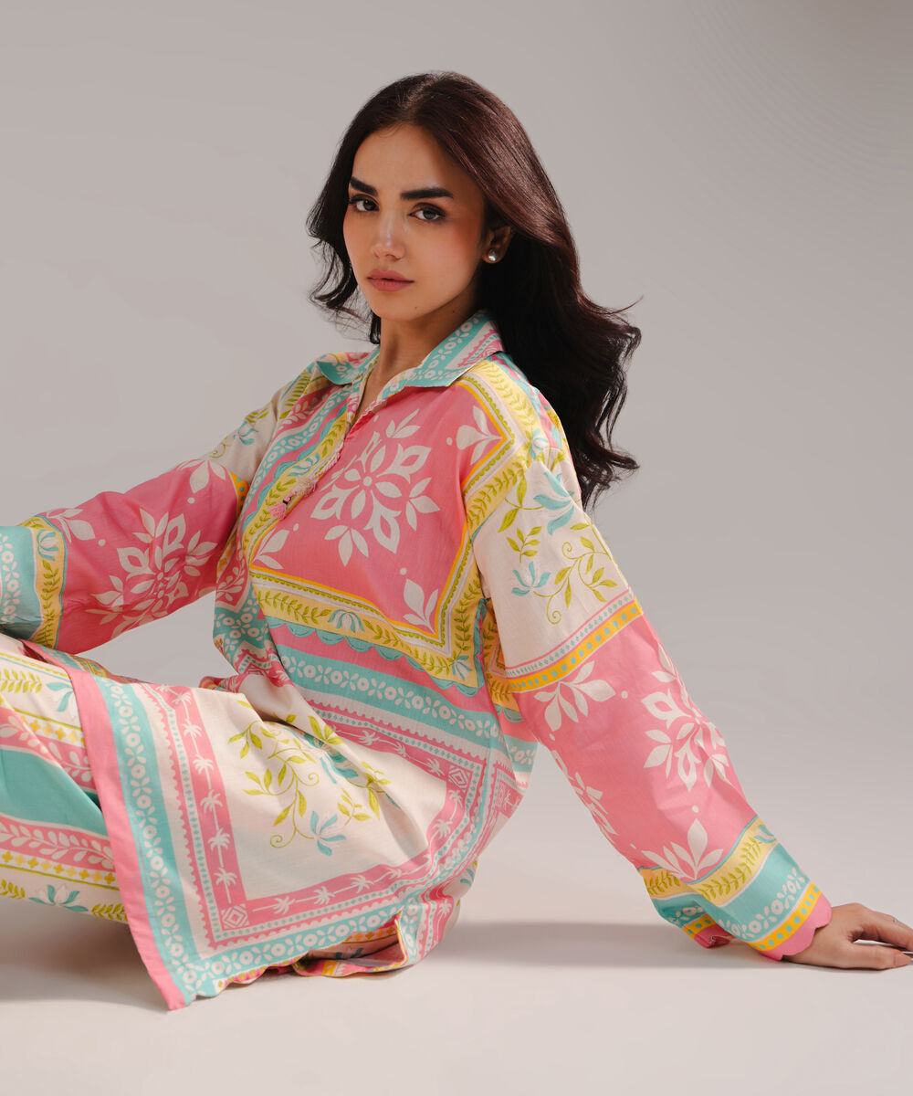 Women's RTW Cambric Printed Pink Drop Shoulder Shirt