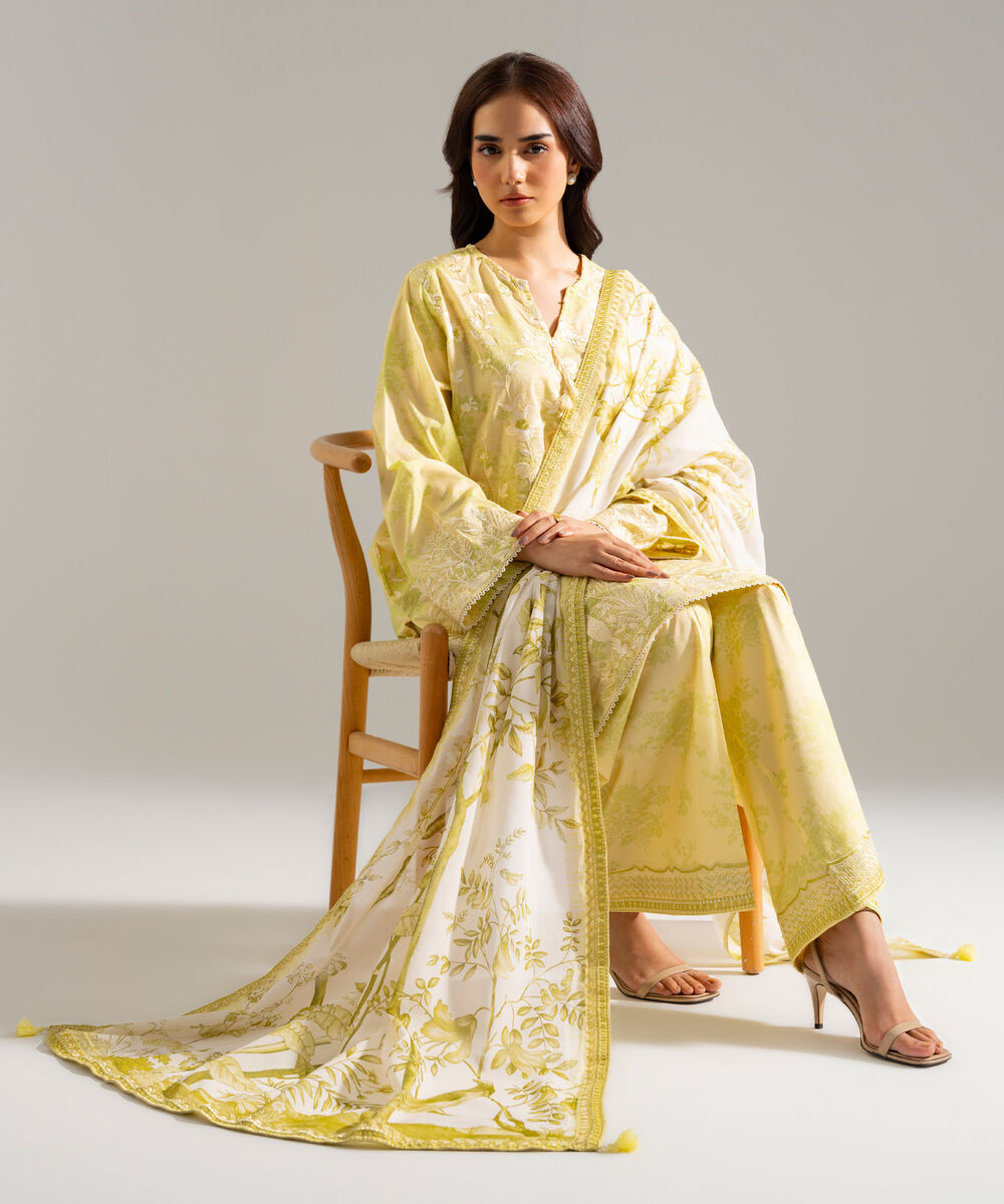 Women's RTW Lawn Embroidered Green 3 Piece Suit