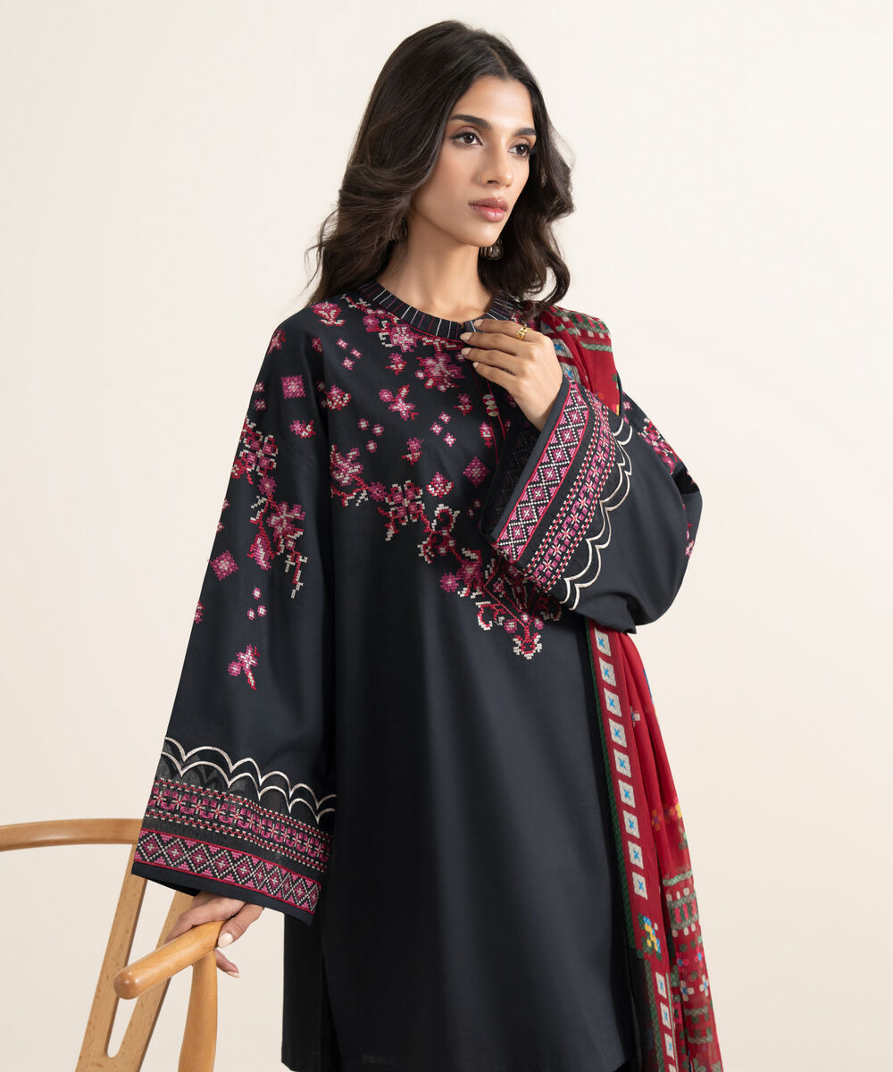 Women's Unstitched Textured Lawn Embroidered Black 3 Piece Suit