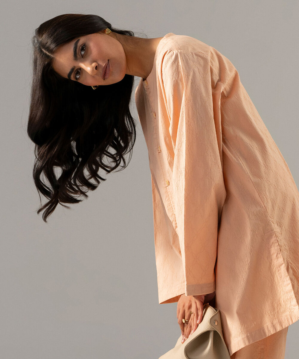 Women's RTW Textured Cotton Solid Peach 2 Piece Suit