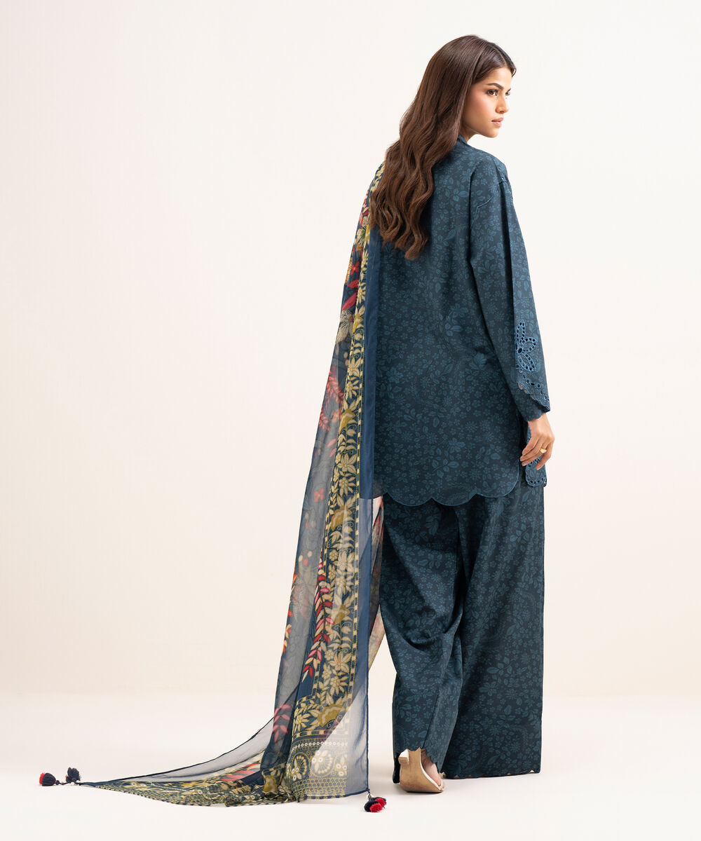 Women's Unstitched Lawn Embroidered Blue 3 Piece Suit