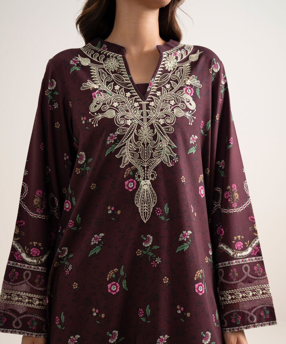 Women's Unstitched Printed Cotton Viscose Maroon 3 Piece Suit