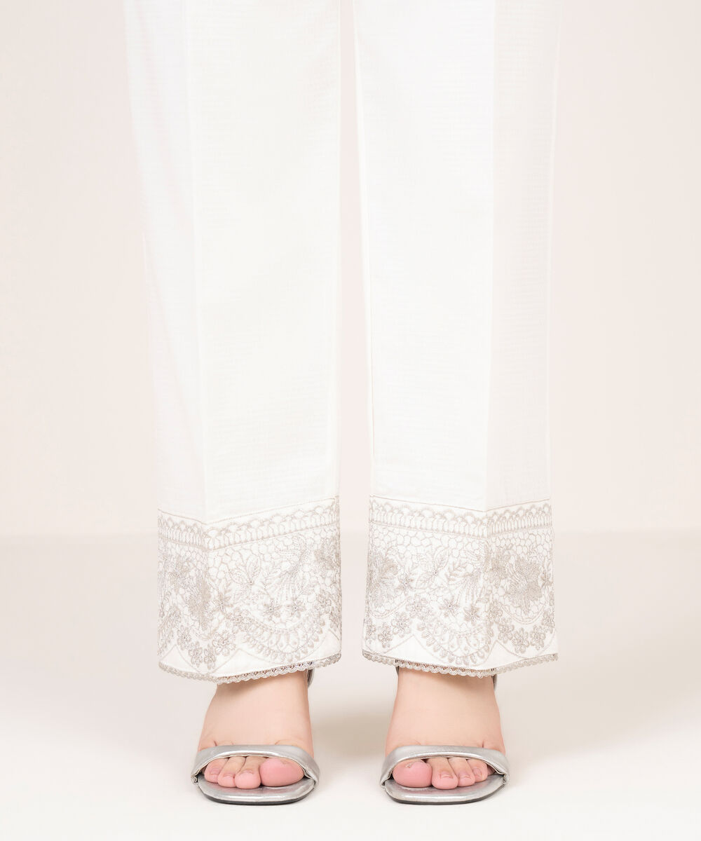 Women's RTW Textured Cotton Embroidered White Culottes