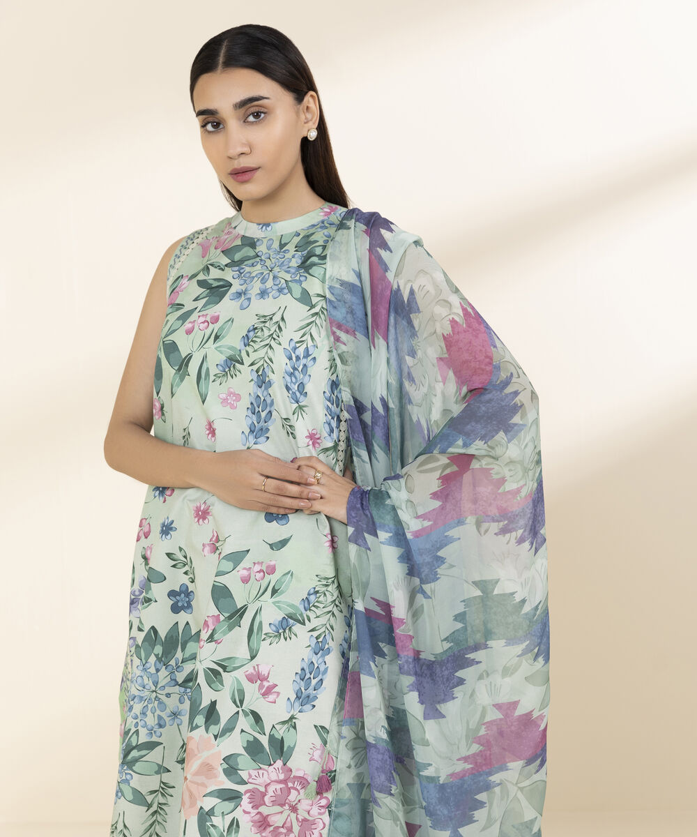 Unstitched Women's Green Lawn 3 Piece Suit