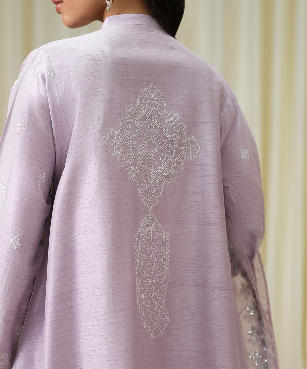 Women's Unstitched Raw Silk Embroidered Purple 3 Piece Suit