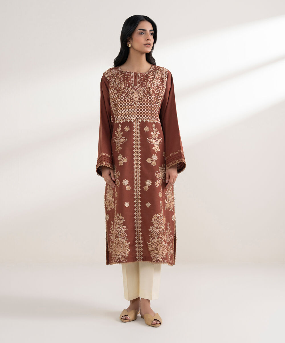 Women's RTW Light Khaddar Embroidered Rust A-Line Shirt