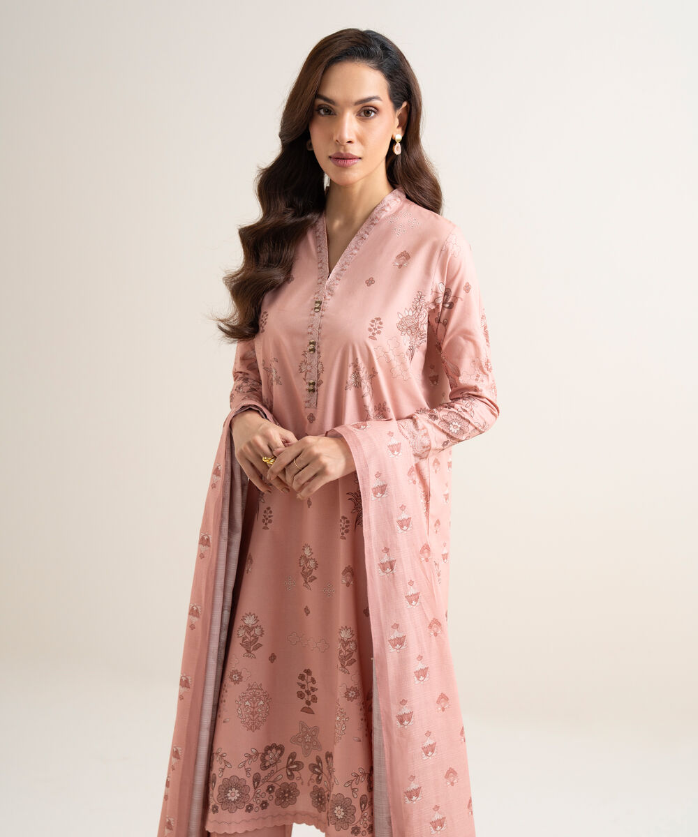 Women's Unstitched Lawn Printed Pink 3 Piece Suit