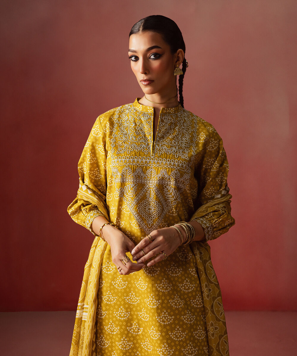 Women's Unstitched Lawn Embroidered Yellow 3 Piece Suit