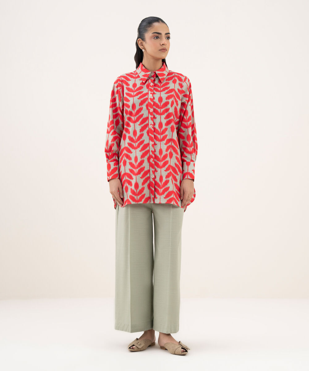 Women's RTW Khaddar Printed Button Down Grey Shirt