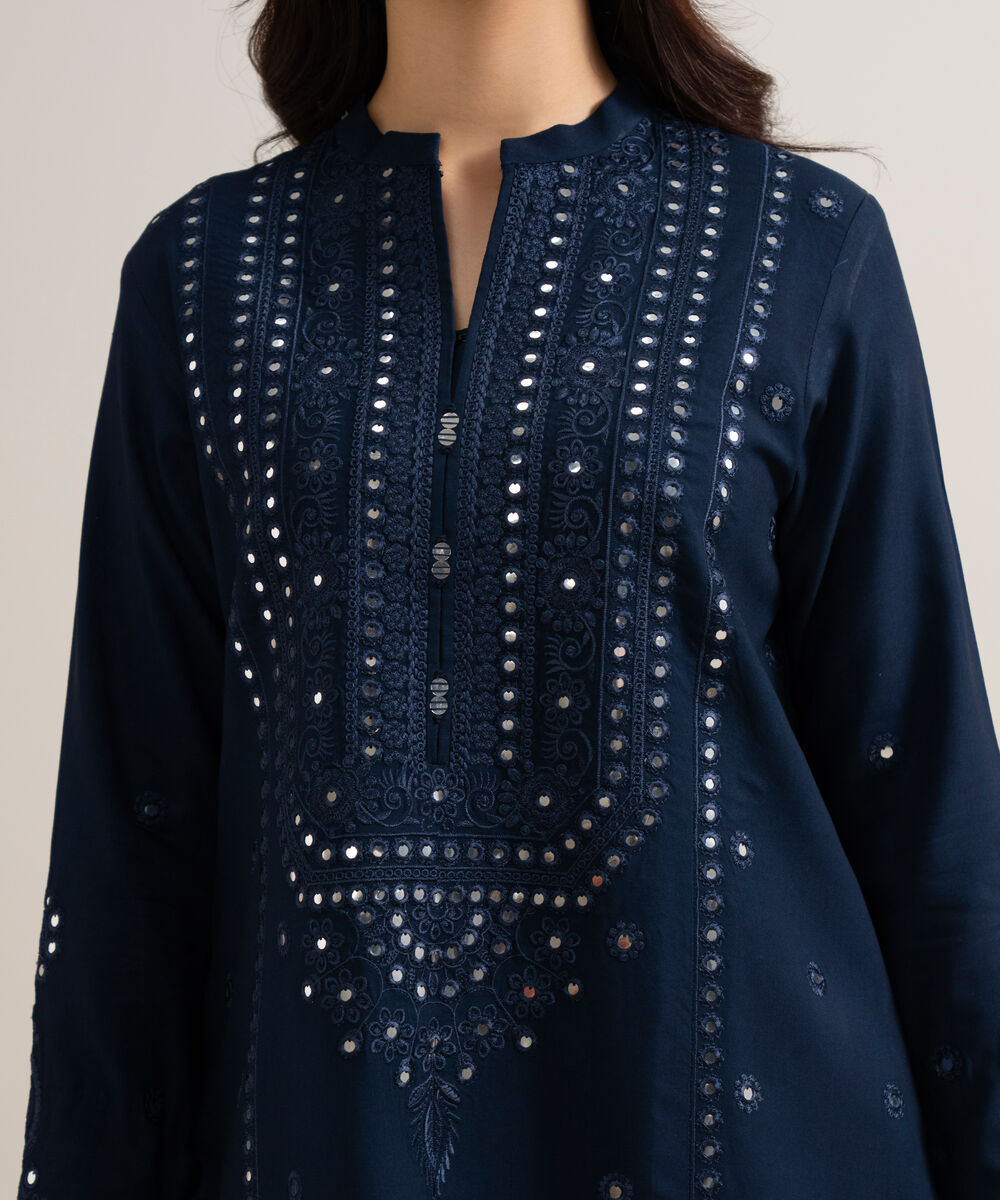 Women's Unstitched Embroidered Linen Blue 3 Piece Suit