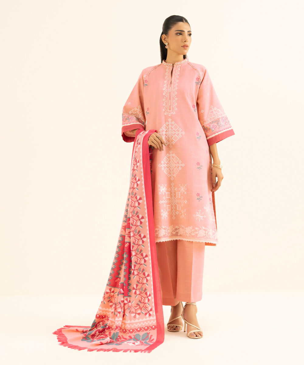 Women's Unstitched Twill Embroidered Pink 3 Piece Suit