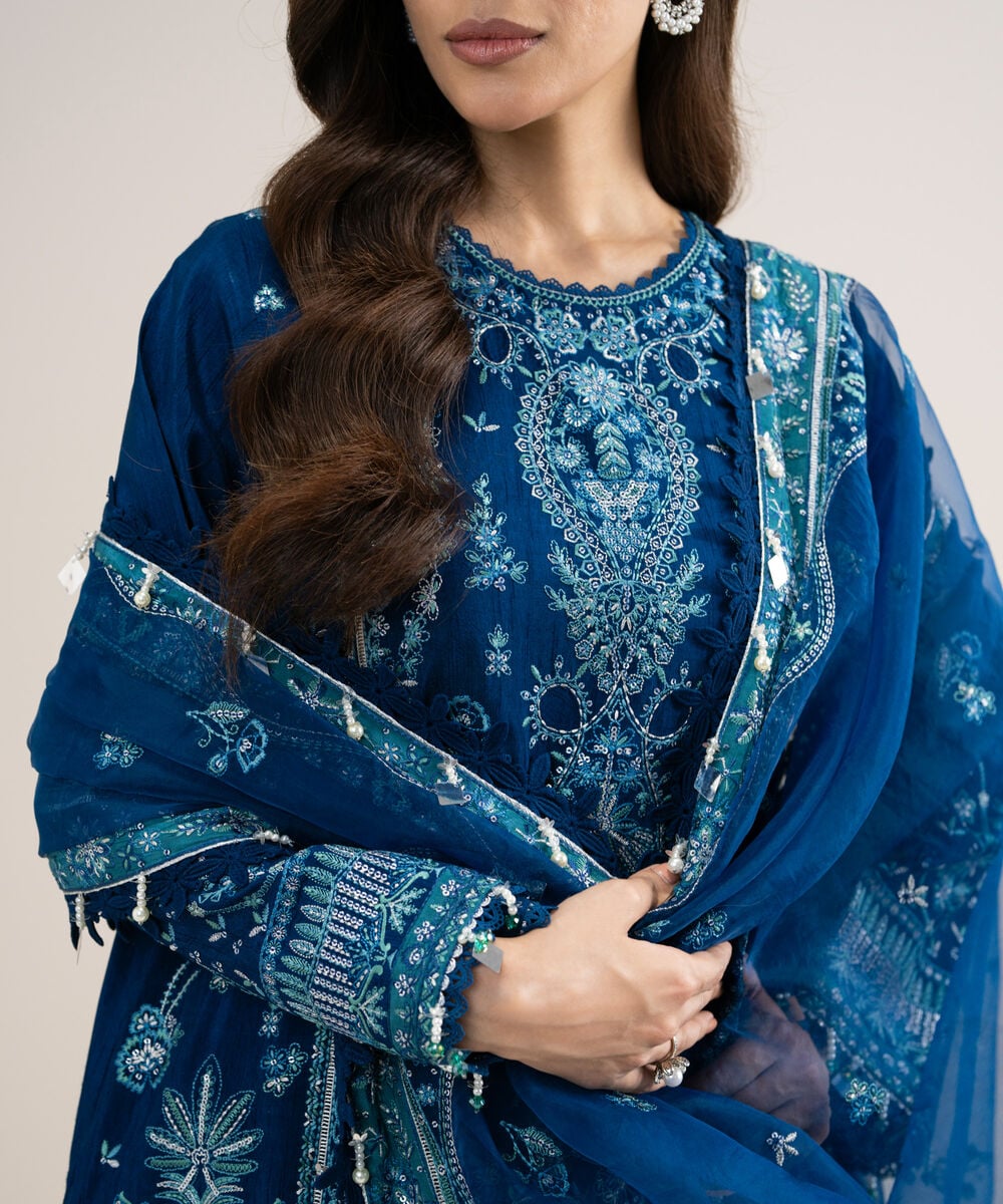 Women's Unstitched Embroidered Viscose Raw Silk Blue 3 Piece Suit