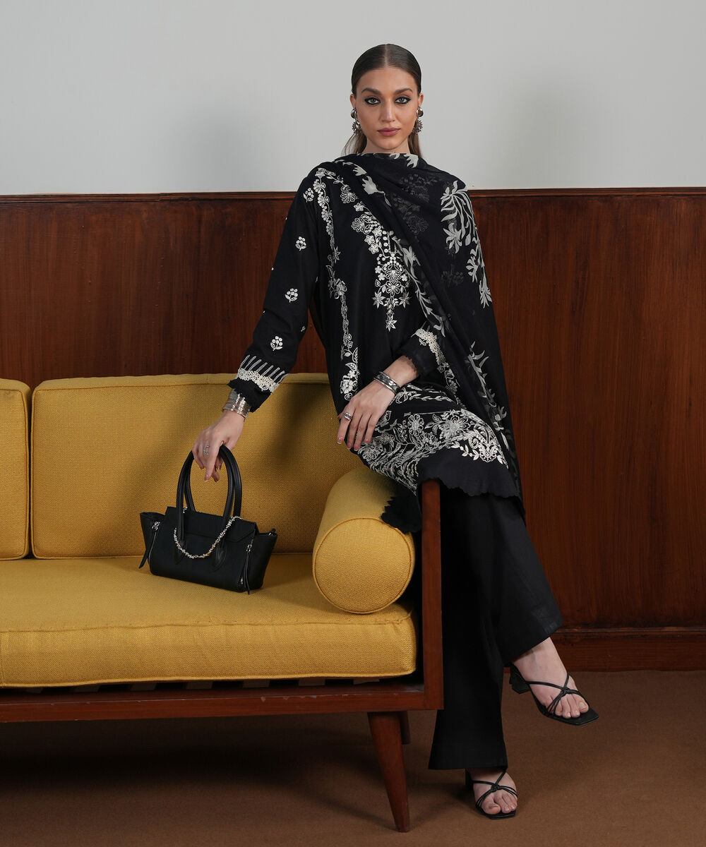Women's Unstitched Textured Lawn Embroidered Black 3 Piece Suit