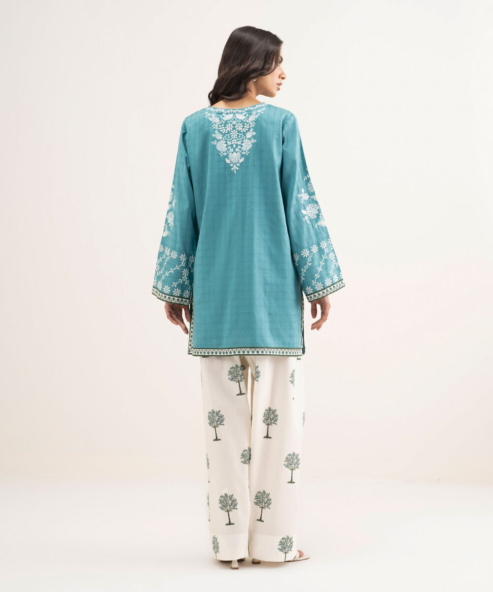 Women's RTW Dobby Embroidered Blue Straight Shirt