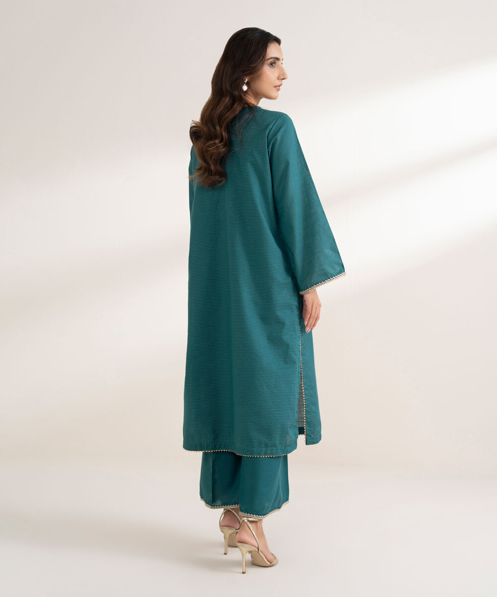 Women's RTW Zari Cotton Embroidered A-Line Teal Shirt