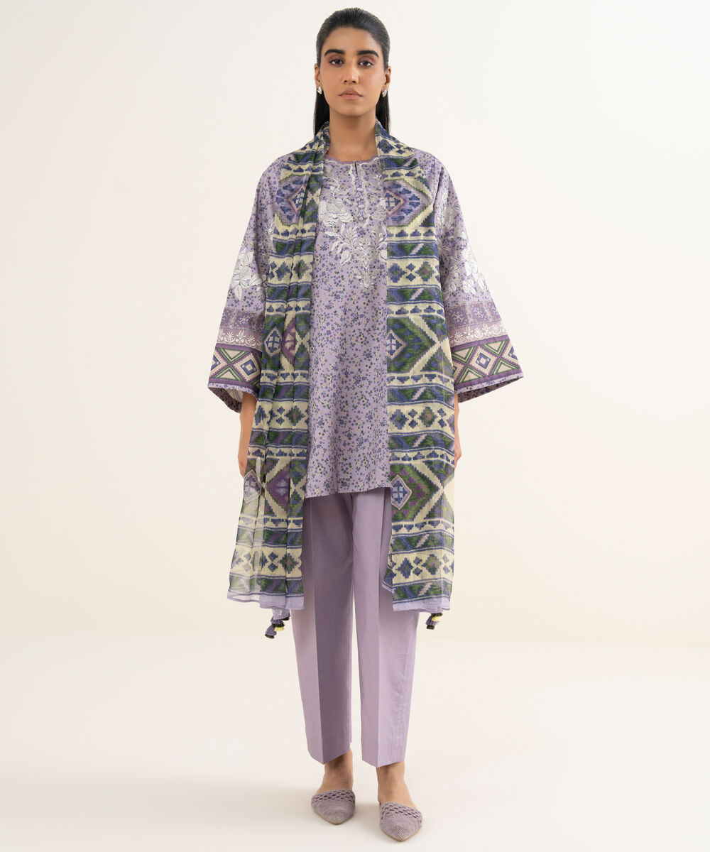 Women's Unstitched Cotton Embroidered Purple 3 Piece Suit