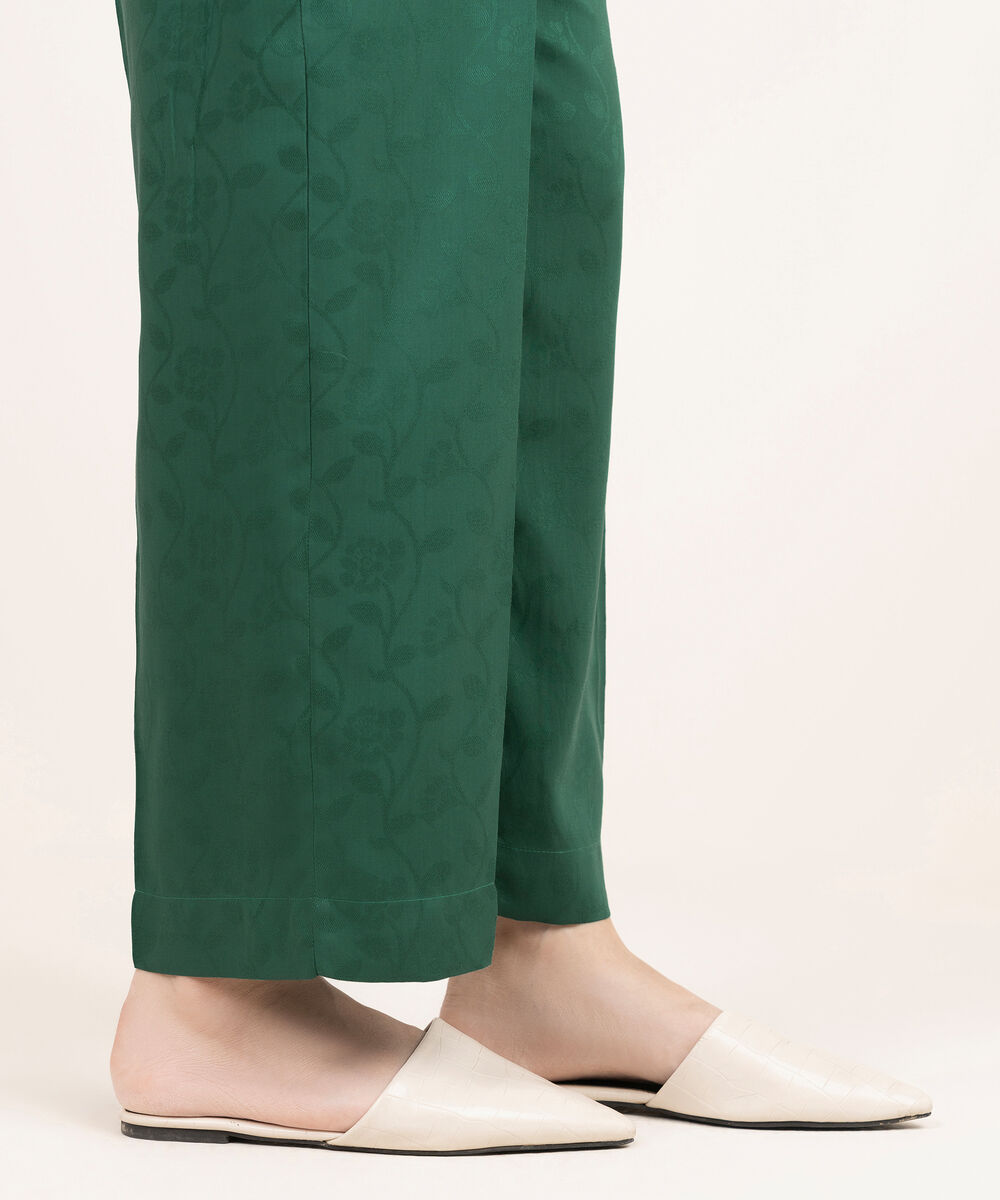 Women's RTW Arabic Self Jacquard Solid Green Straight Pants