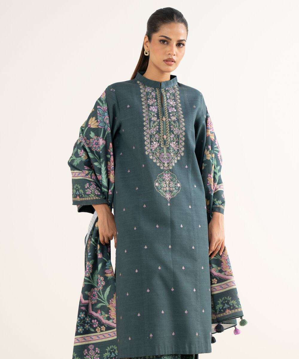 Women's Unstitched Khaddar Embroidered Green 3 Piece Suit