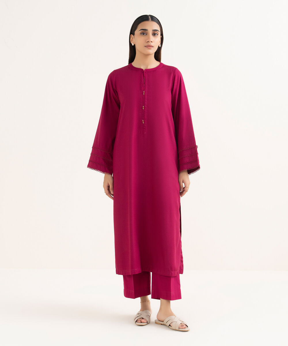 Women's RTW Textured Arabic Pink Solid Straight Shirt