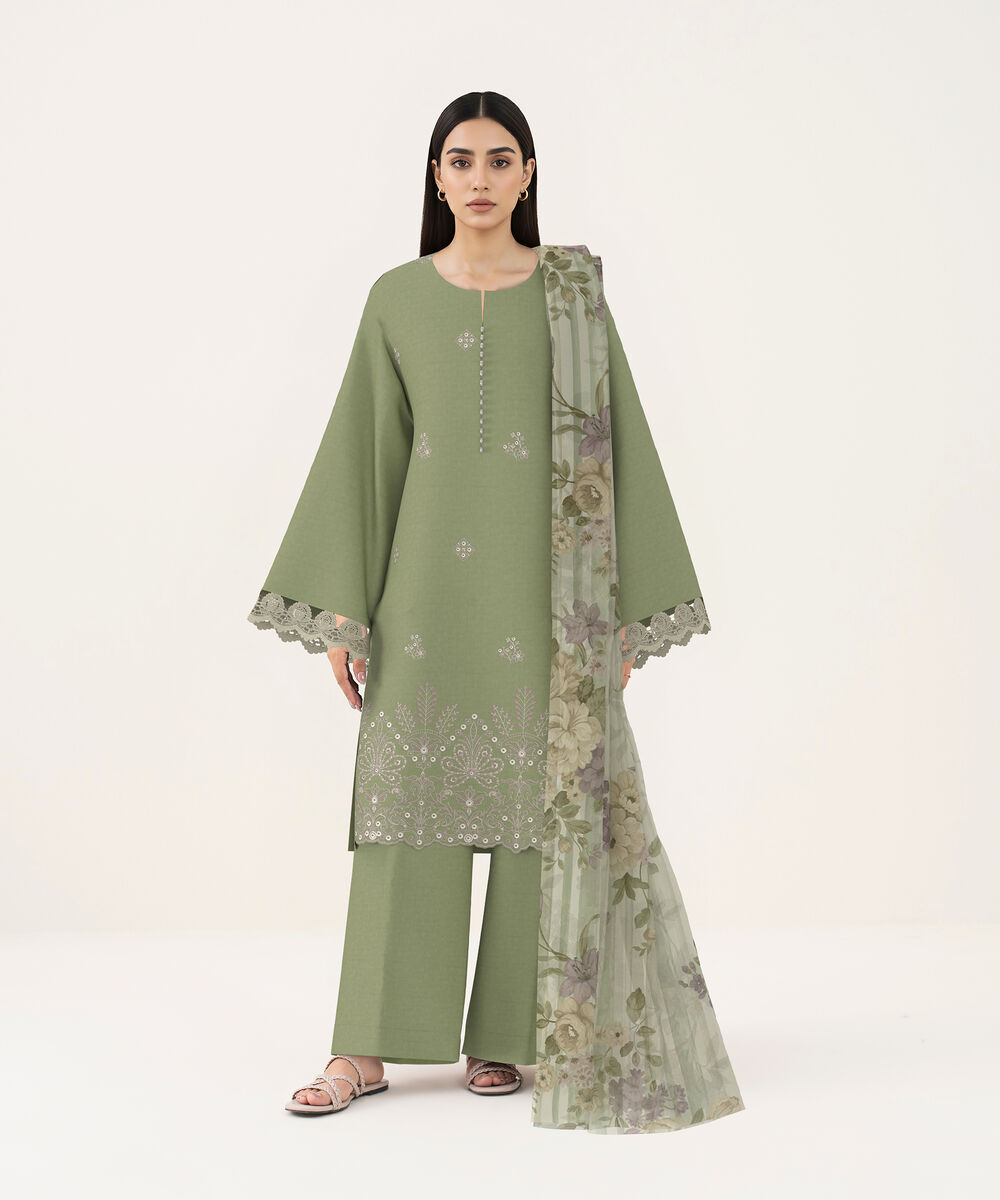 Women's Unstitched Self Jacquard Green Embroidered 3 Piece Suit