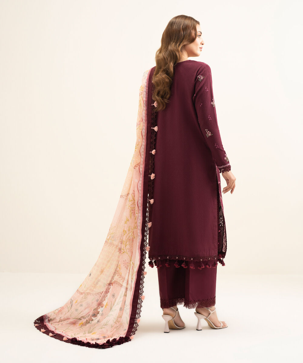 Women's Unstitched Dobby Embroidered Red 3 Piece Suit