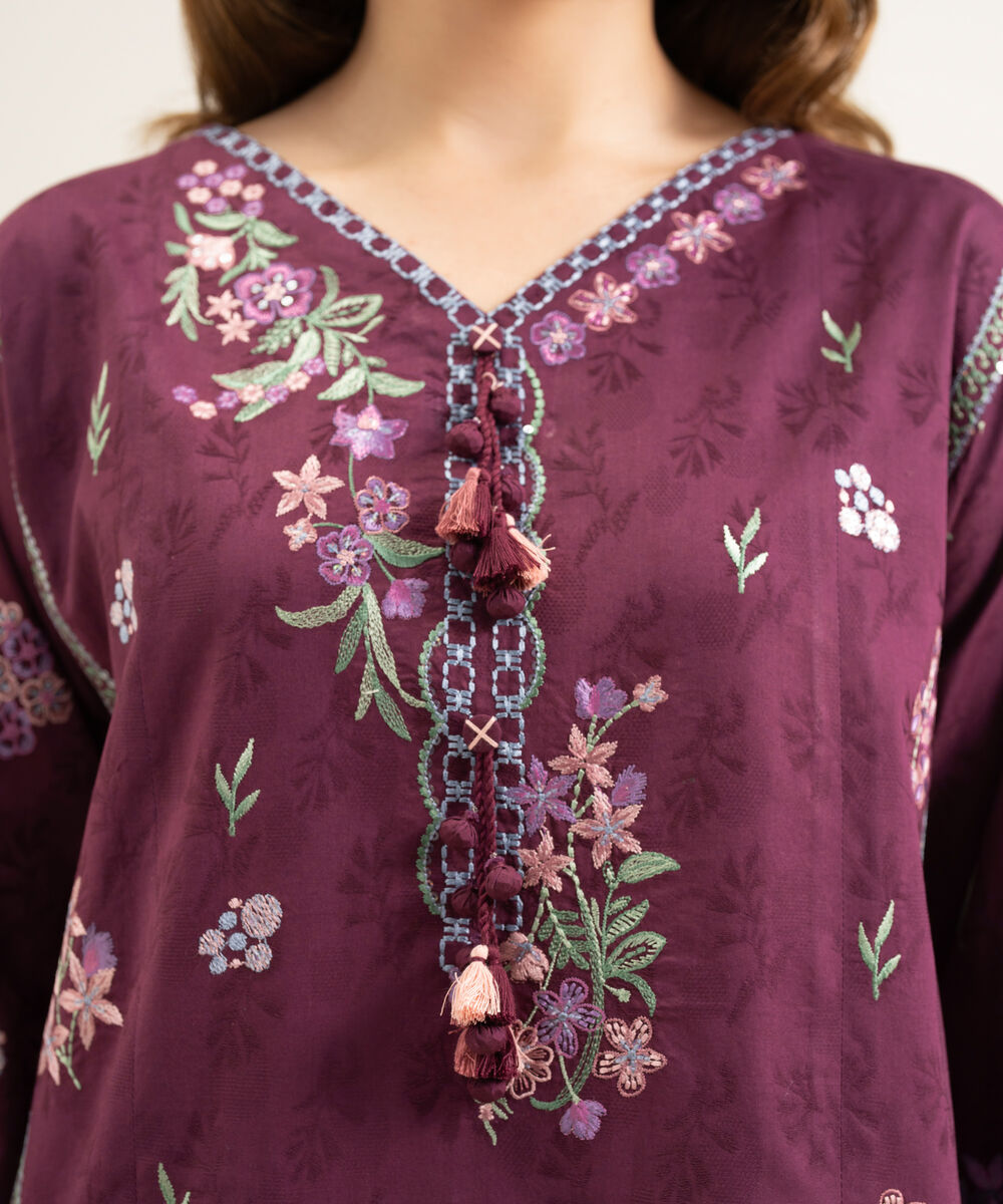 Women's Unstitched Cotton Jacquard Embroidered Red 3 Piece Suit