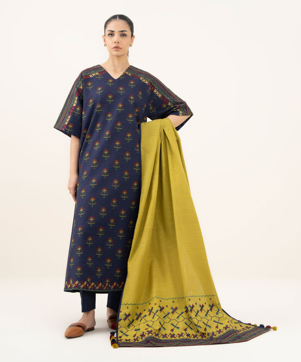 Women's Unstitched Printed Khaddar Blue 3 Piece Suit