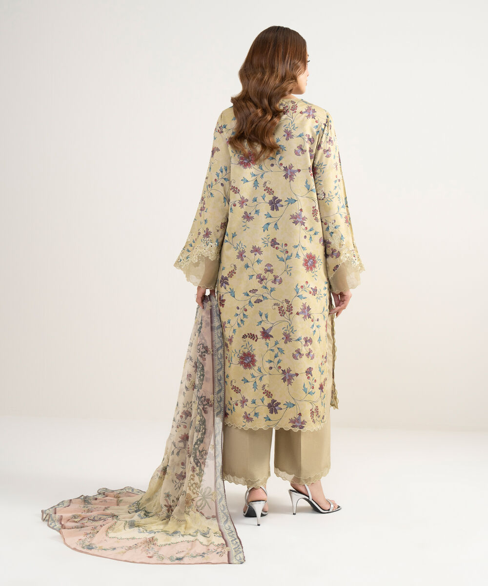 Women's Unstitched Viscose Satin Embroidered Yellow 3 Piece Suit