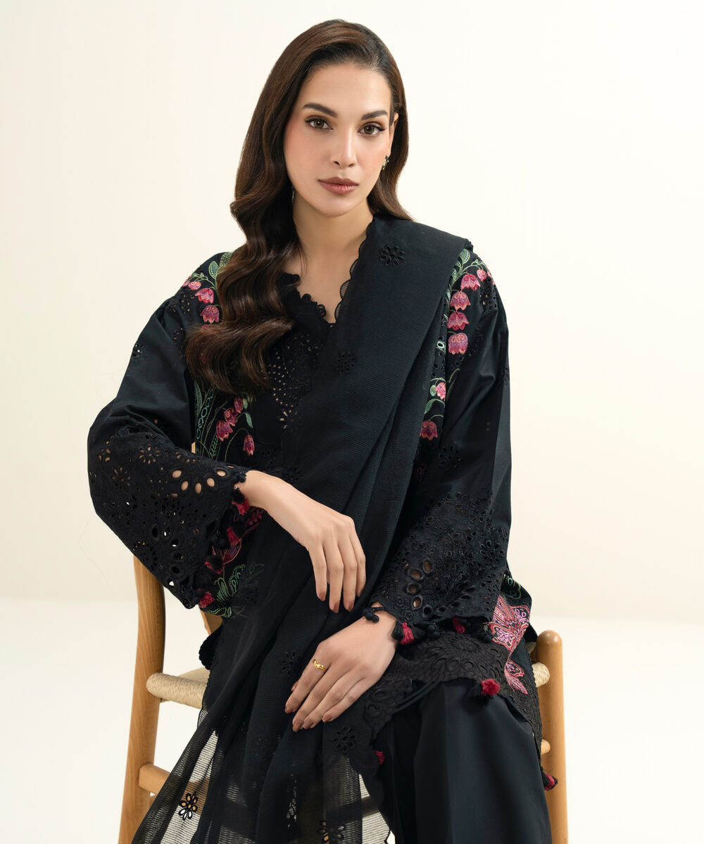 Women's Unstitched Lawn Embroidered Black 3 Piece Suit