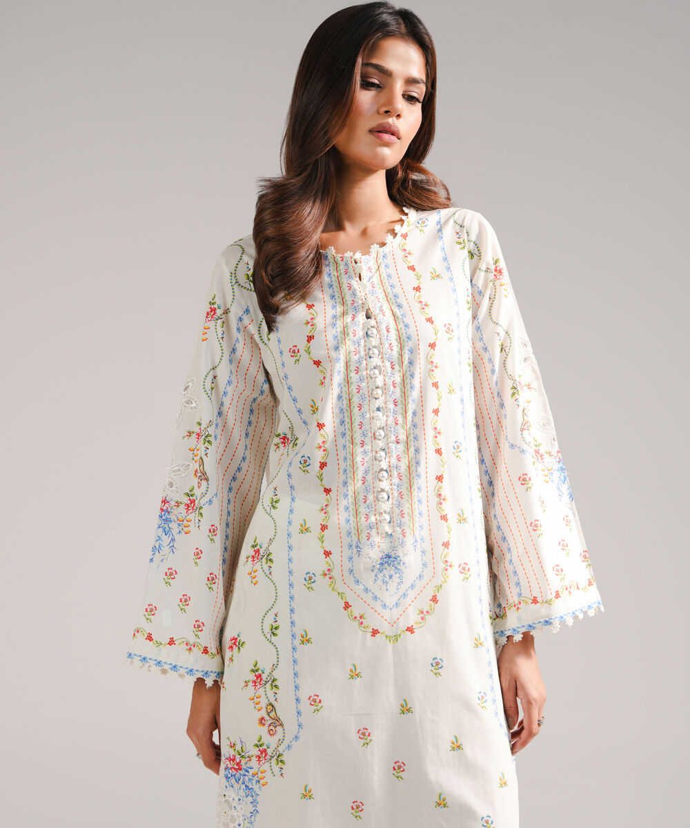 Women's RTW Lawn Embroidered White Straight Shirt