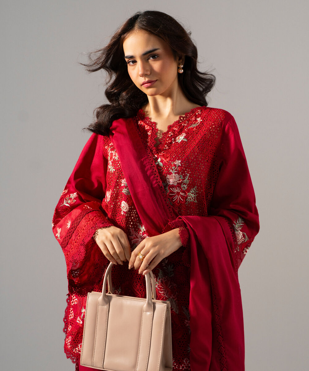 Women's RTW Self Jacquard Solid Embroidered Maroon 3 Piece Suit