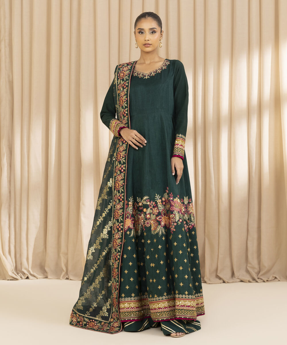 3 Piece - Embroidered Raw Silk Suit Unstitched Women's Green Raw Silk 3 Piece Suit