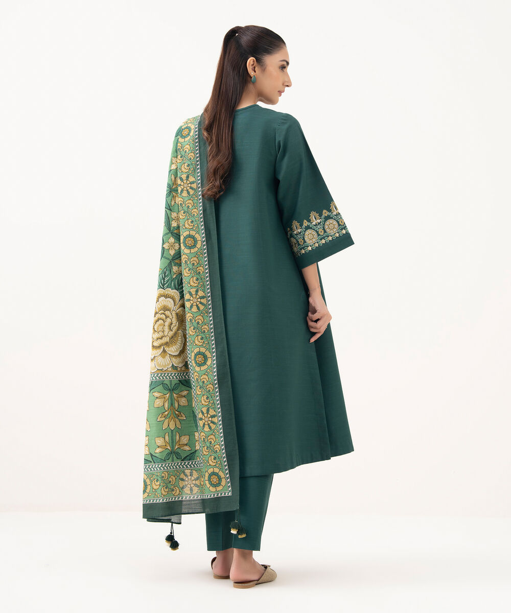 Women's Unstitched Khaddar Embroidered Green 3 Piece Suit