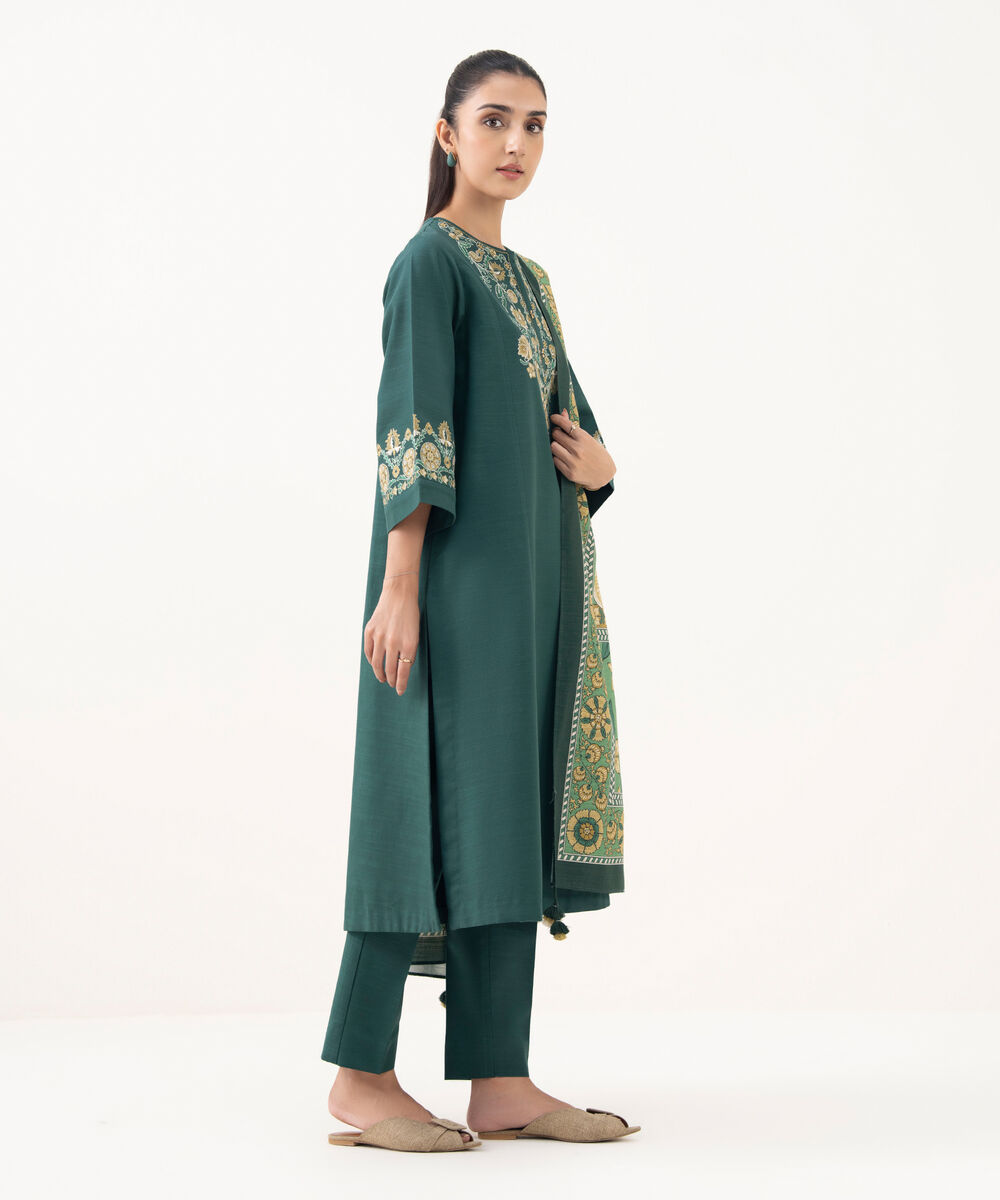 Women's Unstitched Khaddar Embroidered Green 3 Piece Suit
