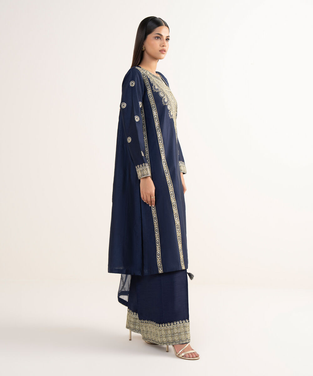 Women's RTW Silk Cotton Net Blue Embroidered 3 Piece Suit