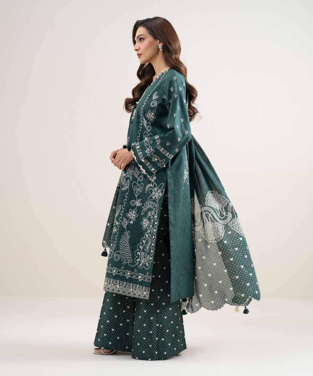Women's Unstitched Lawn Embroidered Green 3 Piece Suit