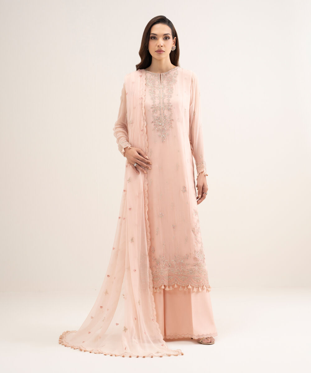 Women's Unstitched Blended Chiffon Embroidered Pink 3 Piece Suit