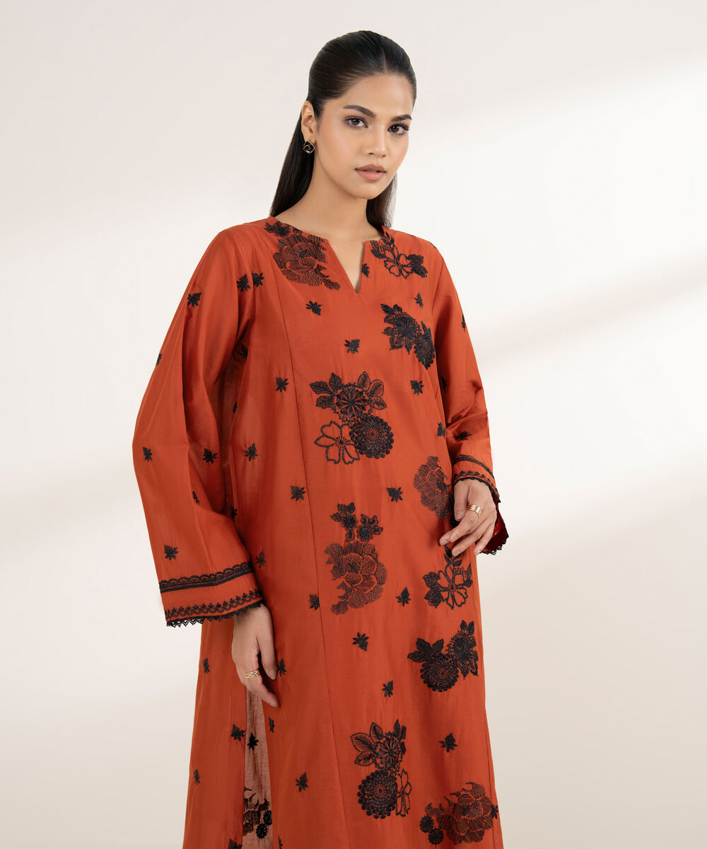 Women's RTW Lawn Orange Embroidered A-Line Shirt
