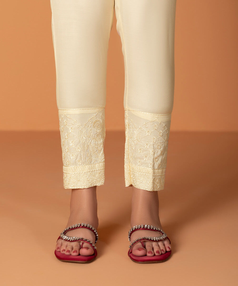 Embroidered Raw Silk Pants