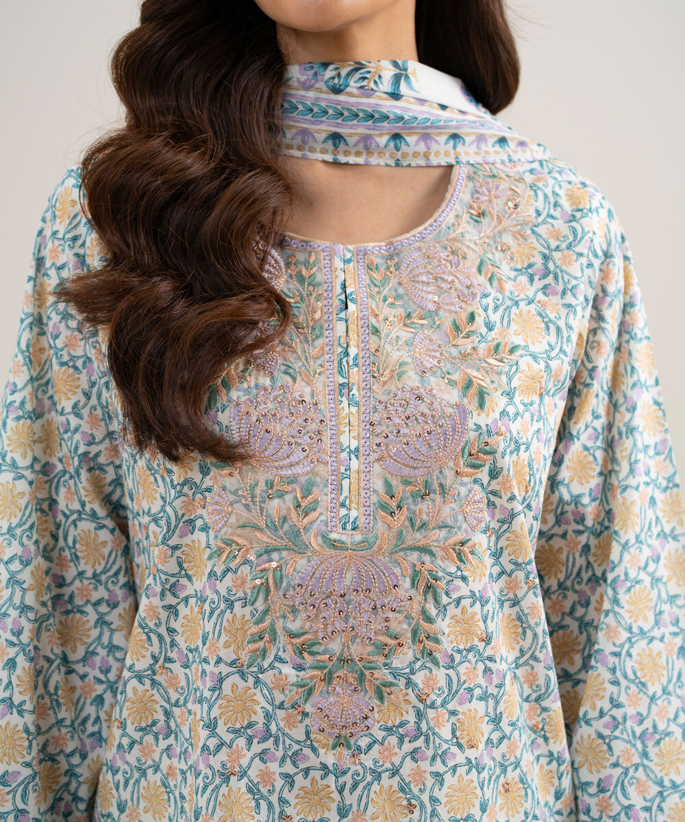 Women's Unstitched Lawn Embroidered Lime Yellow and Light Green 3 Piece Suit