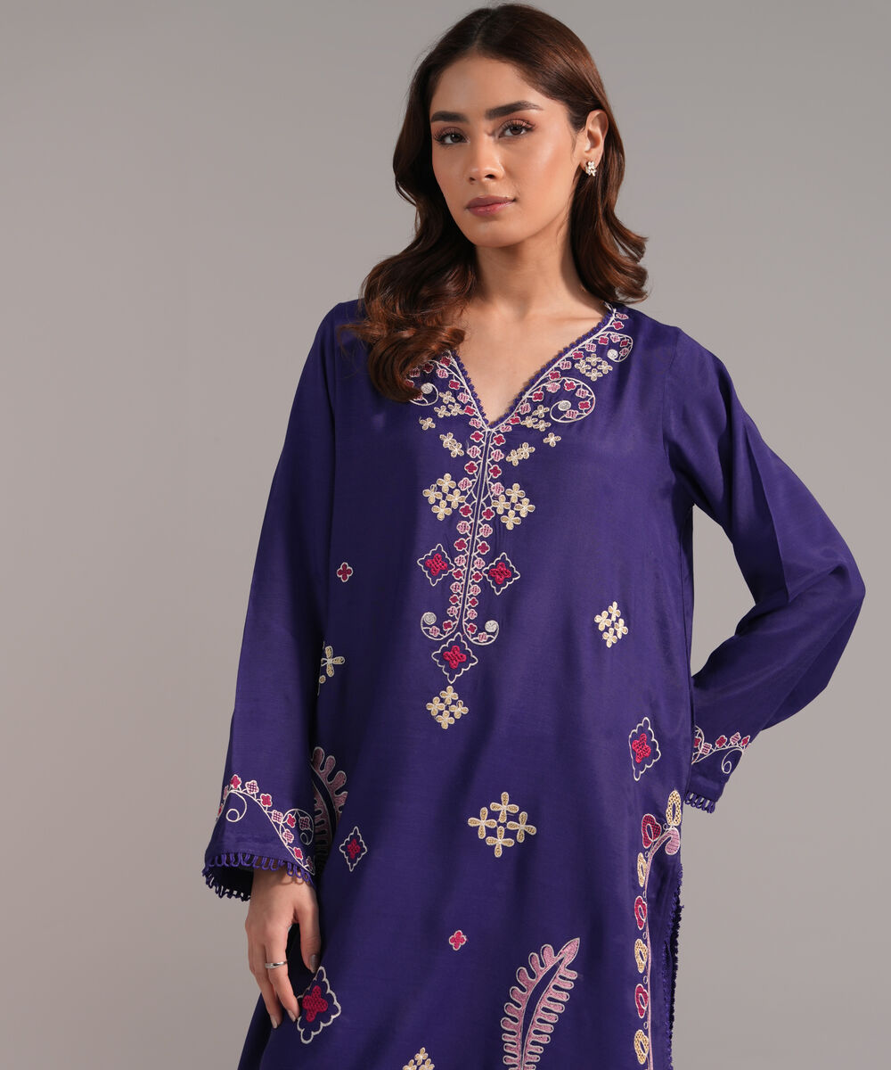 Women's RTW Viscose Raw Silk Embroidered Blue 2 Piece Suit