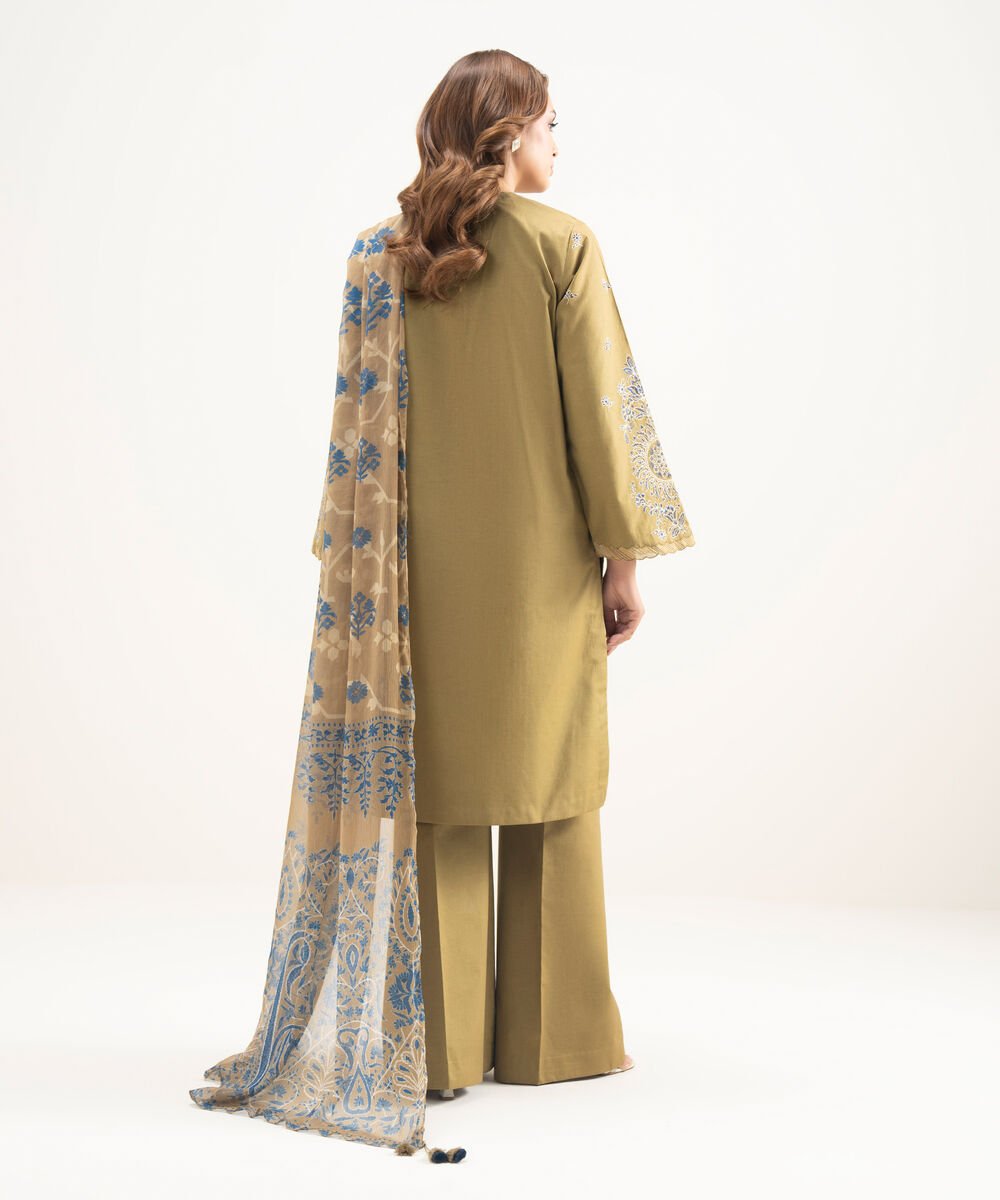 Women's Unstitched Lawn Embroidered Brown 3 Piece Suit