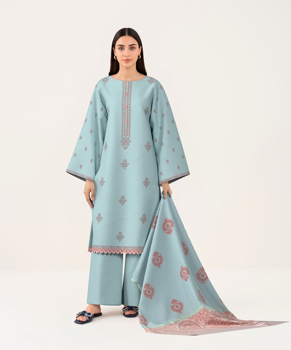 Women's Unstitched Lawn Blue Embroidered 3 Piece Suit