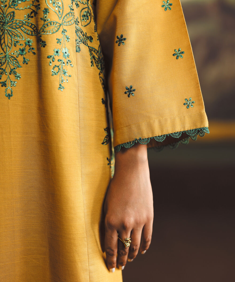 Women's RTW Light Khaddar Embroidered Yellow A-Line Shirt