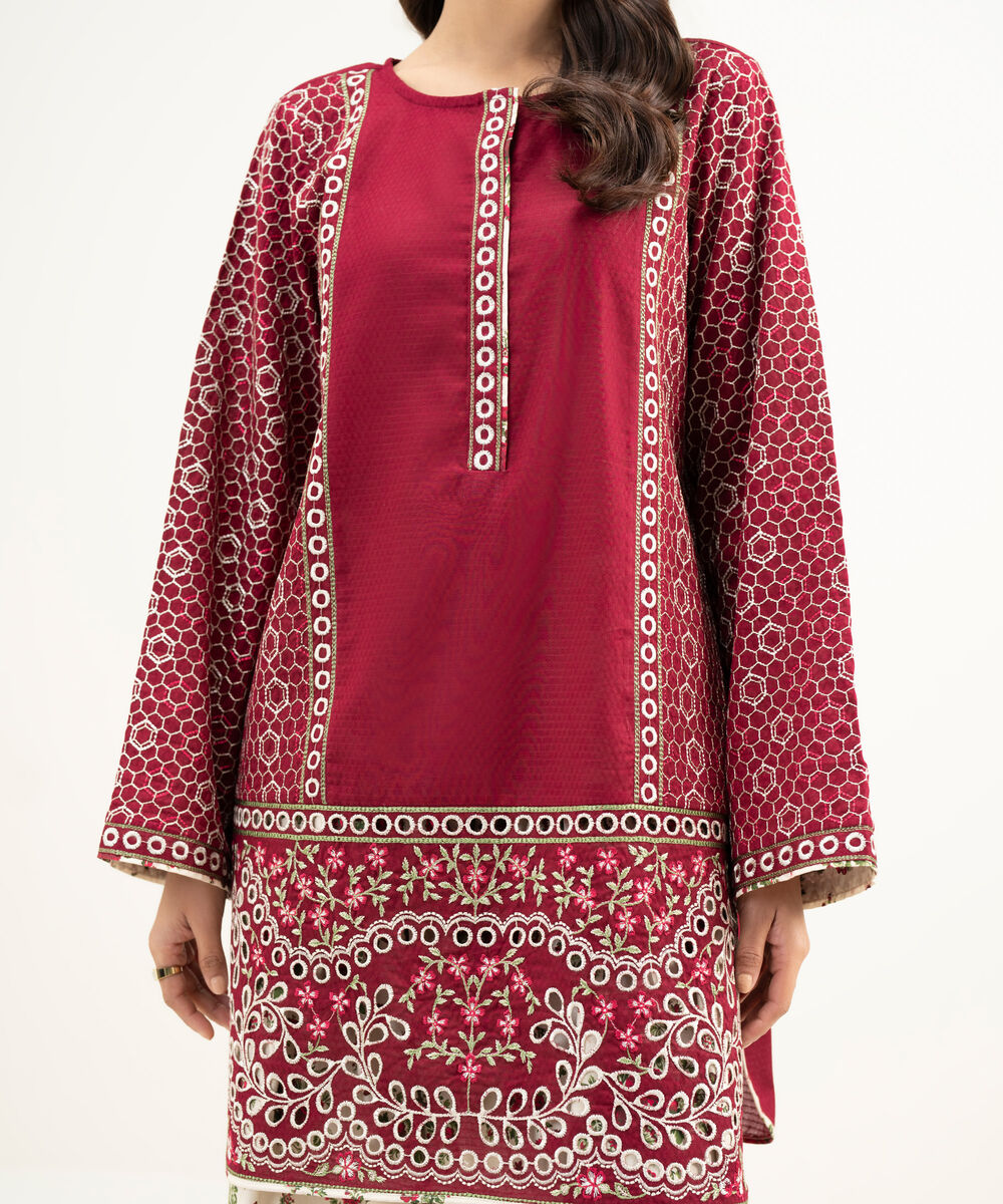 Women's RTW Dobby Embroidered Maroon 3 Piece Suit