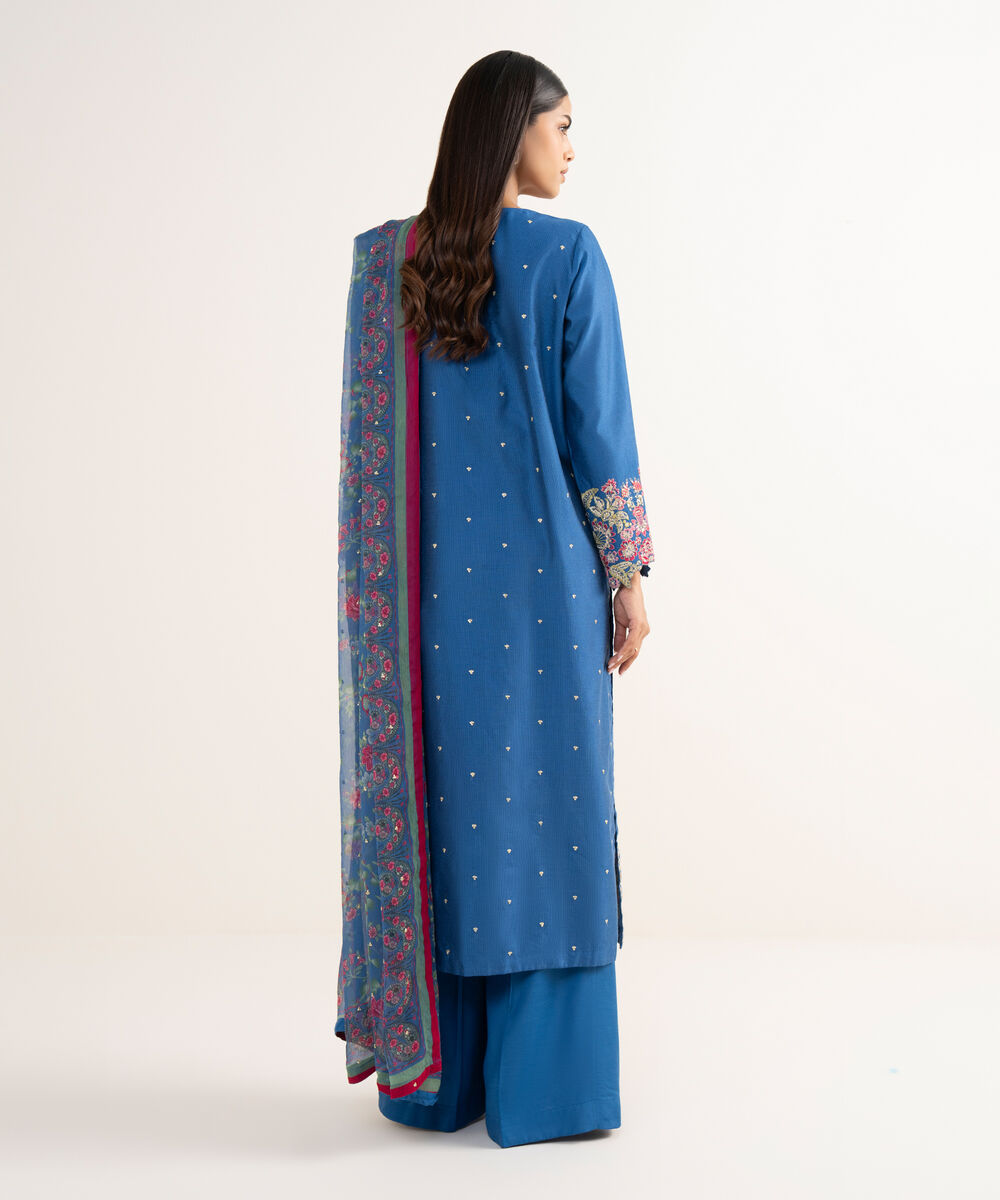 Women's RTW Silk Cotton Net Blue Embroidered 3 Piece Suit