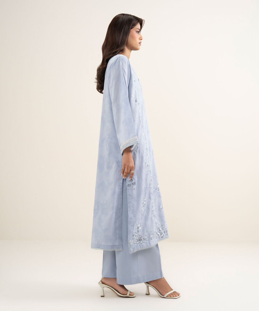 Women's RTW Self Jacquard Embroidered Blue A-Line Shirt