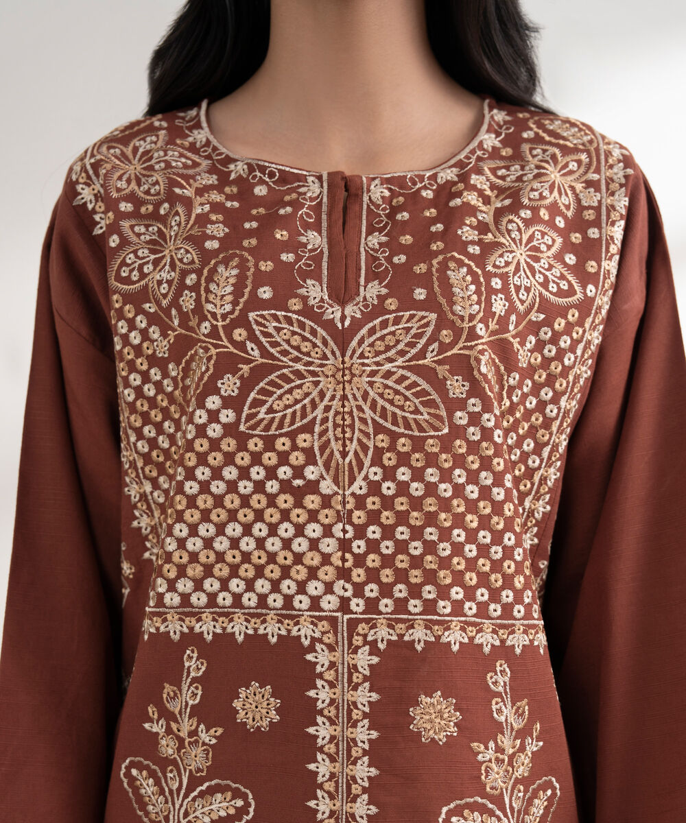 Women's RTW Cotton Embroidered Rust A-Line Shirt
